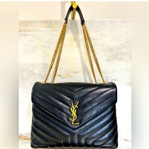 YSL Saint Lauren Loulou Medium Quilted Chevron Bag Black/Gold